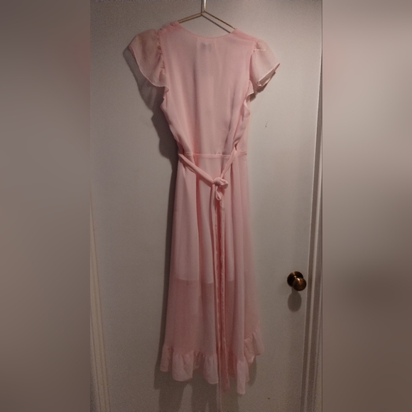 Women's NWT Bloomingdale's WAYF Pink Ruffle Sash Tie High Low Wrap Dress - Picture 6 of 7